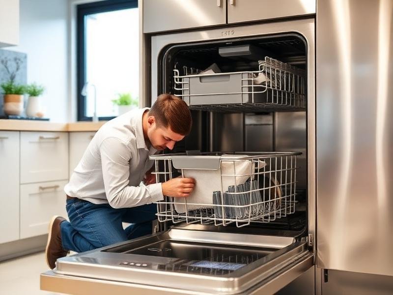 Technician inspecting an open dishwasher in a modern kitchen
