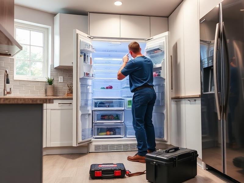 Technician inspecting an open refrigerator in a kitchen