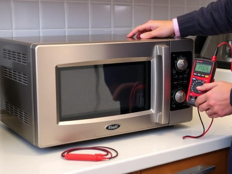 Microwave oven being tested with a multimeter on a kitchen counter