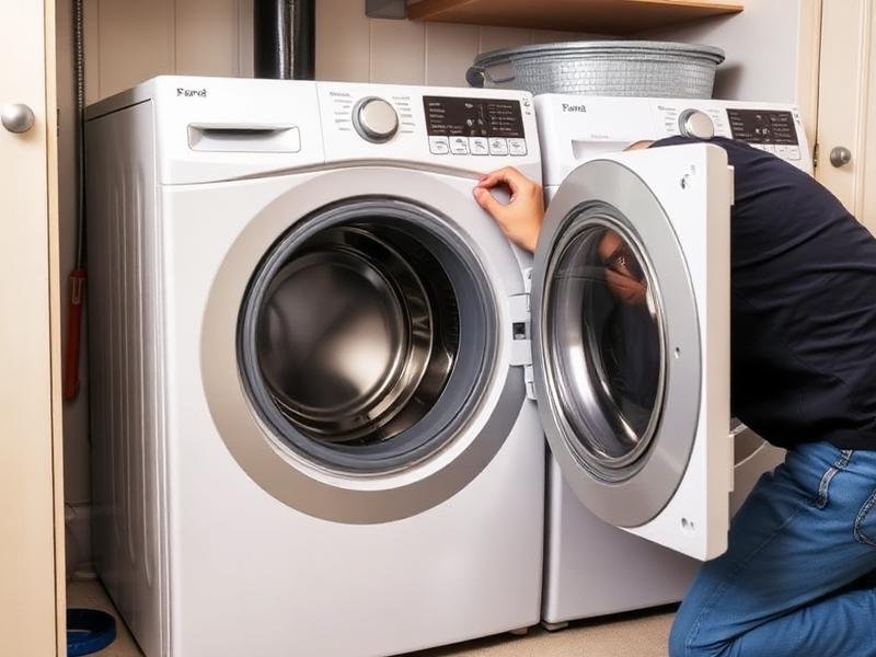 Technician repairing a front-load washing machine