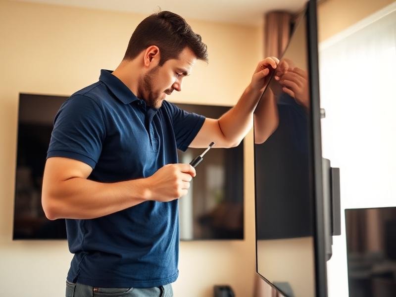 Technician inspecting a wall-mounted flat screen television