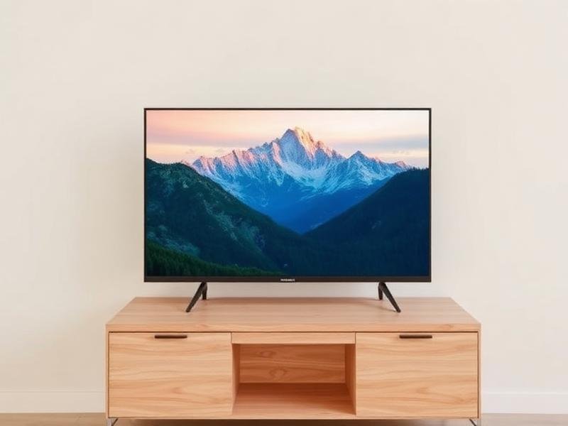 LED television displaying a mountain landscape on a wooden console
