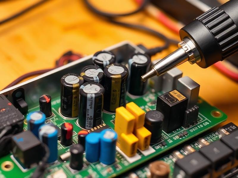 Television power supply board with capacitors on a repair bench